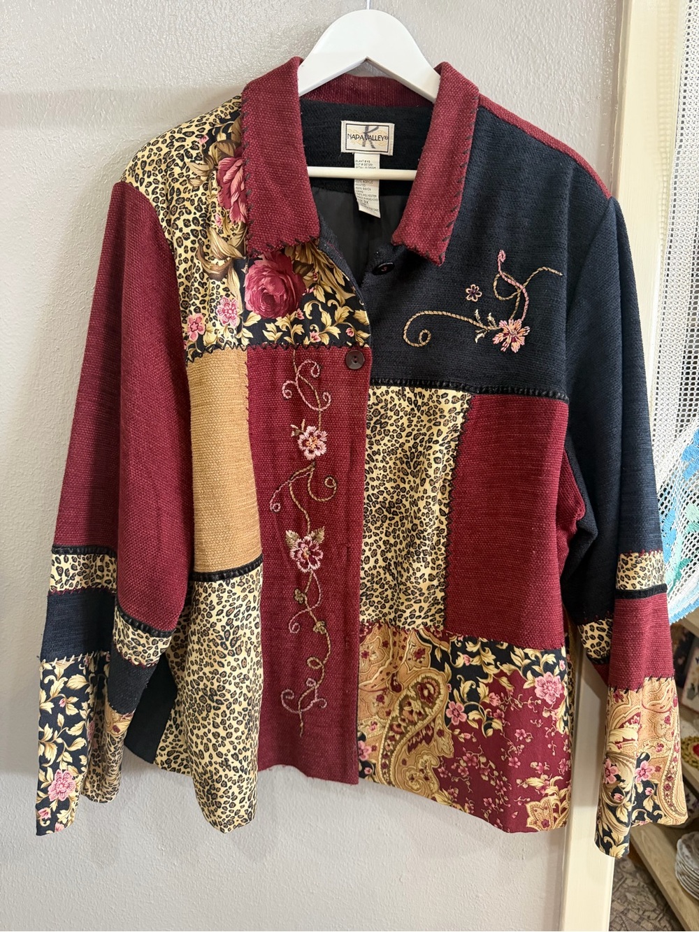 Napa Valley Patchwork Floral & Leopard Button-Up Jacket - Burgundy, Black, Gold